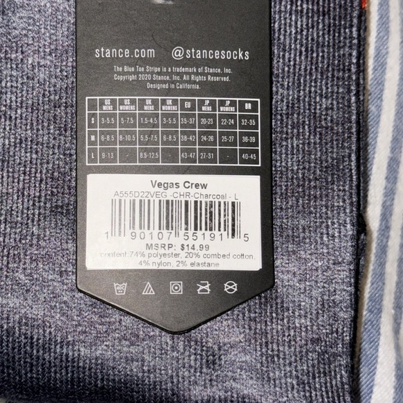 STANCE LAS VEGAS CREW HEIGHT SIZE LARGE IN CHARCOAL NWT - Picture 4 of 4